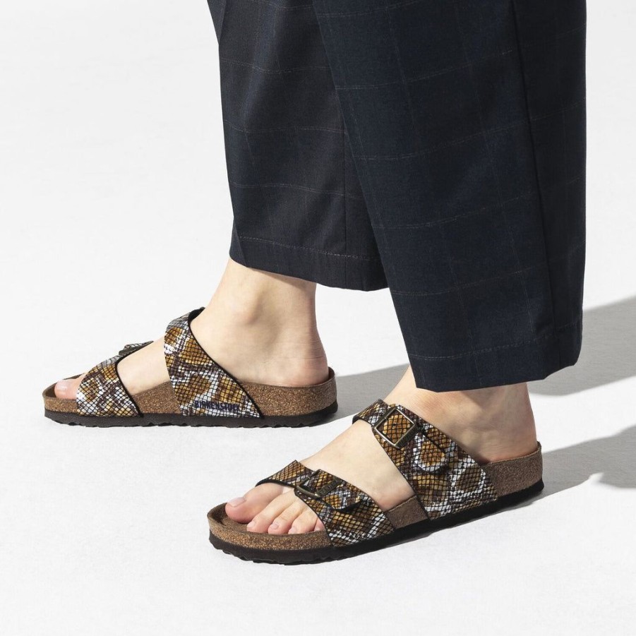 Women Birkenstock Slides | Birkenstock Sydney Birko-Flor Python Brown Sandals