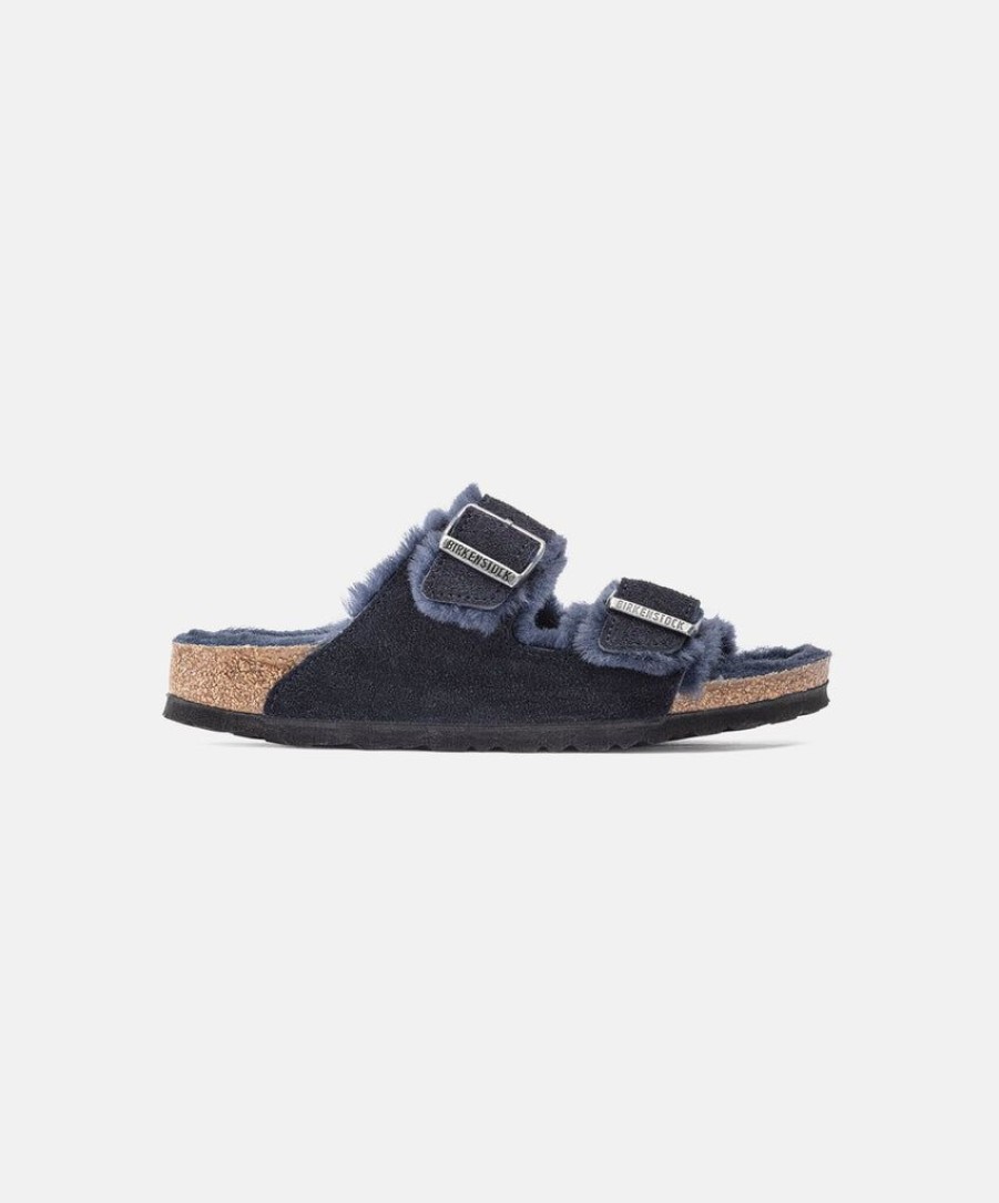 Women Birkenstock Two Strap Sandals | Birkenstock Arizona Suede Leather Shearling Midnight Sandals