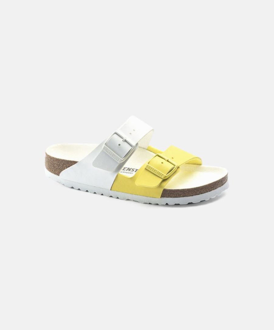 Women Birkenstock Slides | Birkenstock Arizona Split Birko-Flor White/Sour Lime Sandals