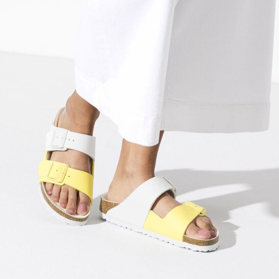 Women Birkenstock Slides | Birkenstock Arizona Split Birko-Flor White/Sour Lime Sandals