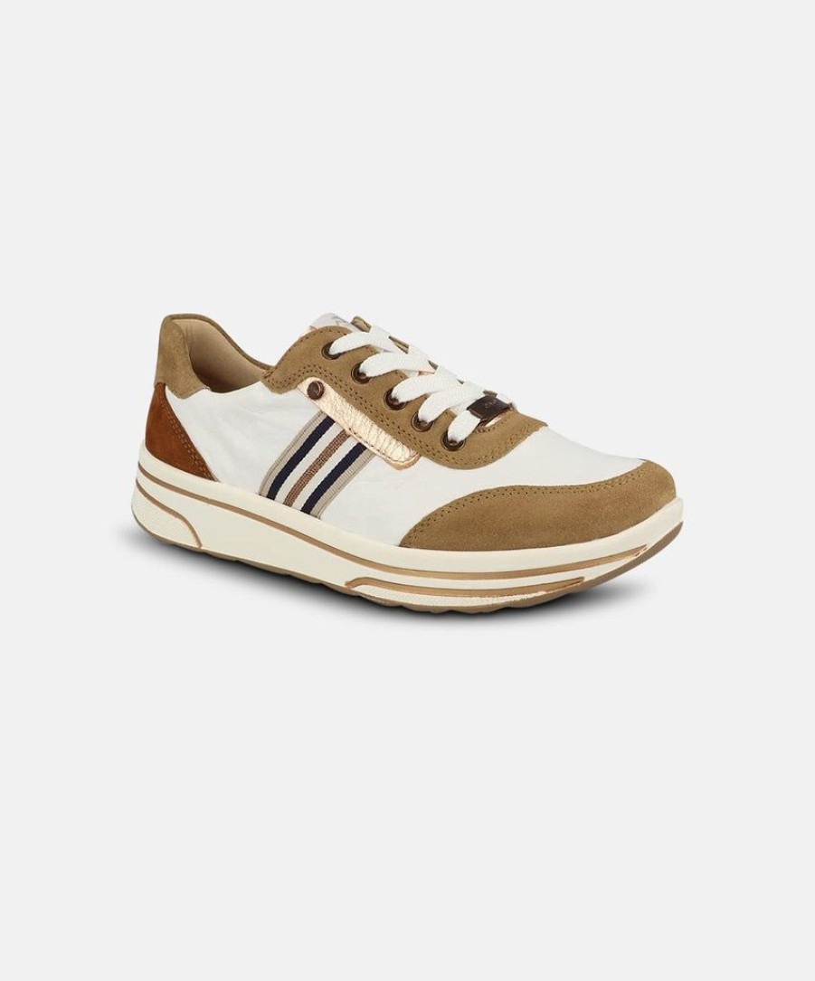 Women Ara Leather Sneakers | Ara Sapporo 2.0 Toffee Taupe W. Rosegold & Cognac Sneakers