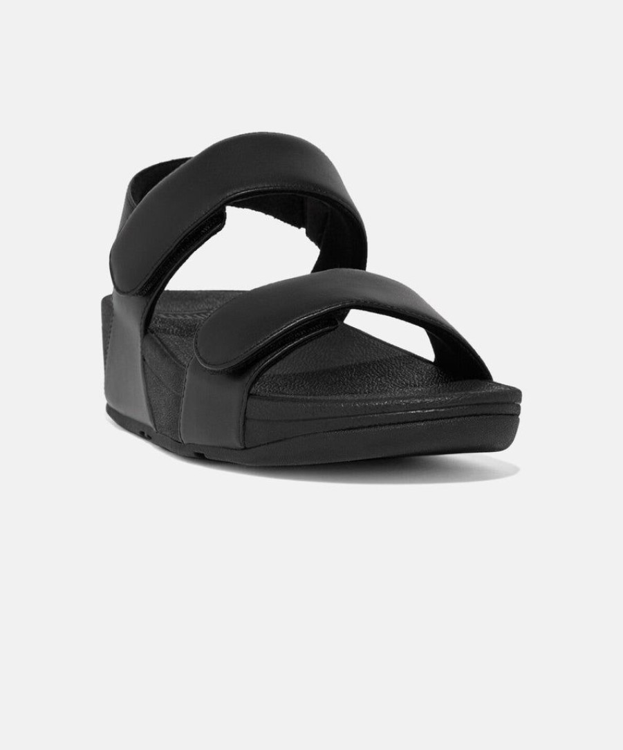 Women FitFlop Leather Sandals | Fitflop Lulu Adjustable Velcro Leather Black Back-Strap