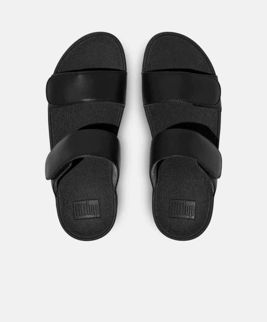 Women FitFlop Two Strap Sandals | Fitflop Lulu Leather Velcro Adjustable Slides Black