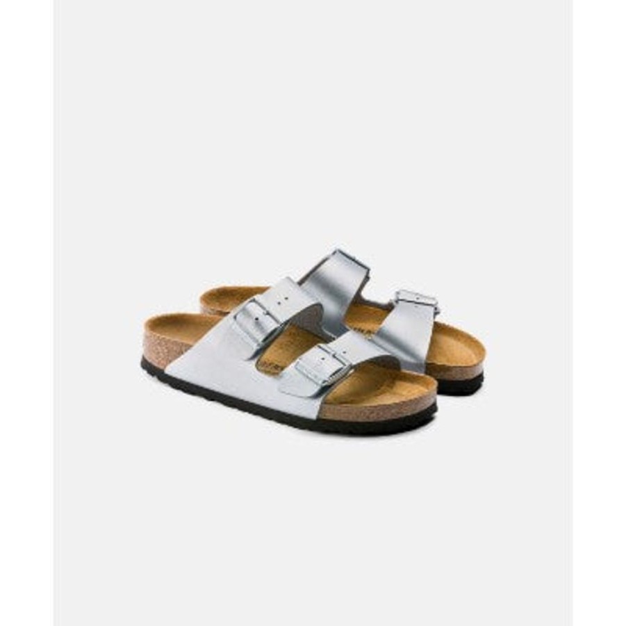 Women Birkenstock Two Strap Sandals | Birkenstock Arizona Birko-Flor Silver Sandals