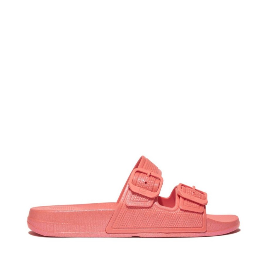 Women Bstore Two Strap Sandals | Fitflop Iqushion Pearlized Two Bar Buckle Slides Coral