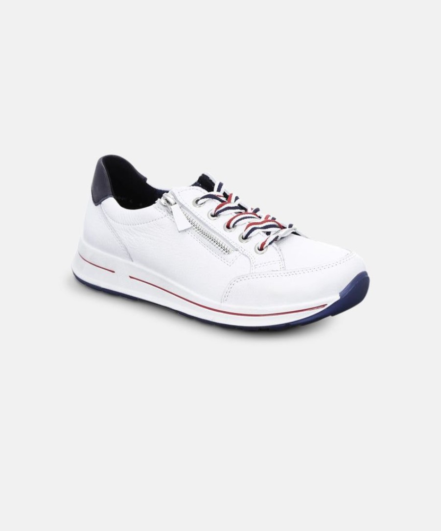 Women Ara Leather Sneakers | Ara Osaka 2.0 White W Navy Sneakers