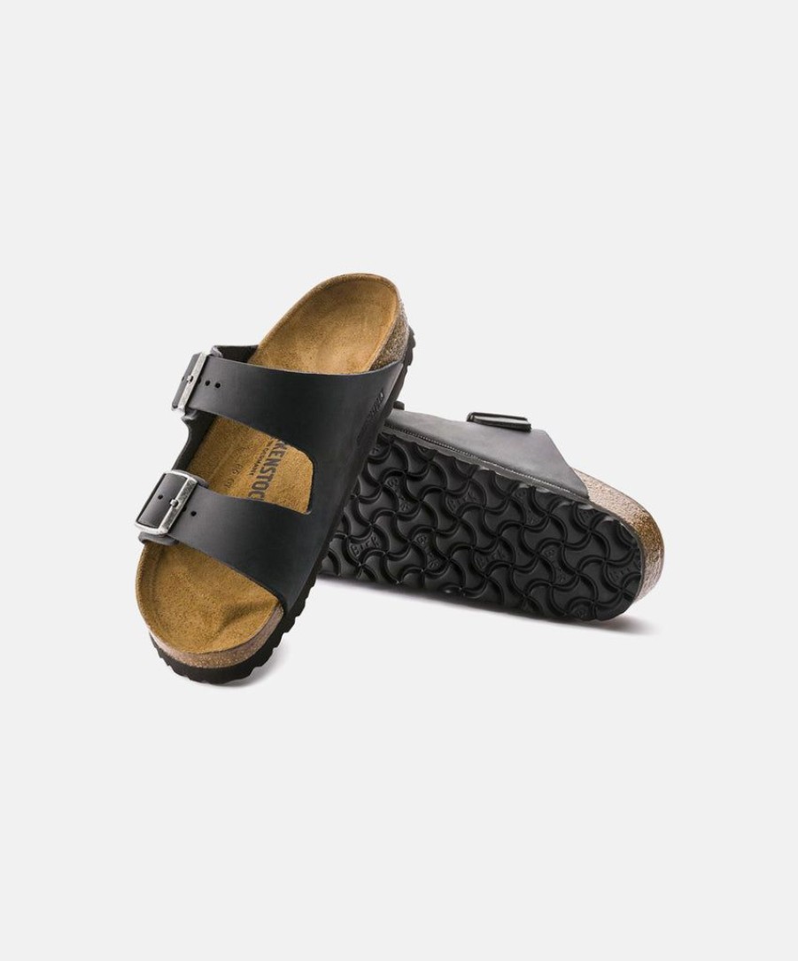 Men Birkenstock Slides | Birkenstock Arizona Oiled Leather Black Sandals