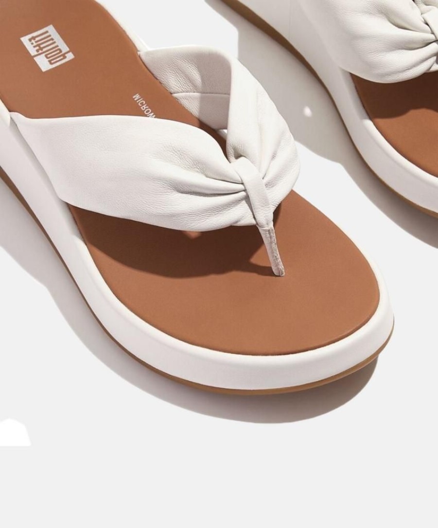 Women Bstore Slides | Fitflop F-Mode Leather Twist Flatform Toe Post Sandal White