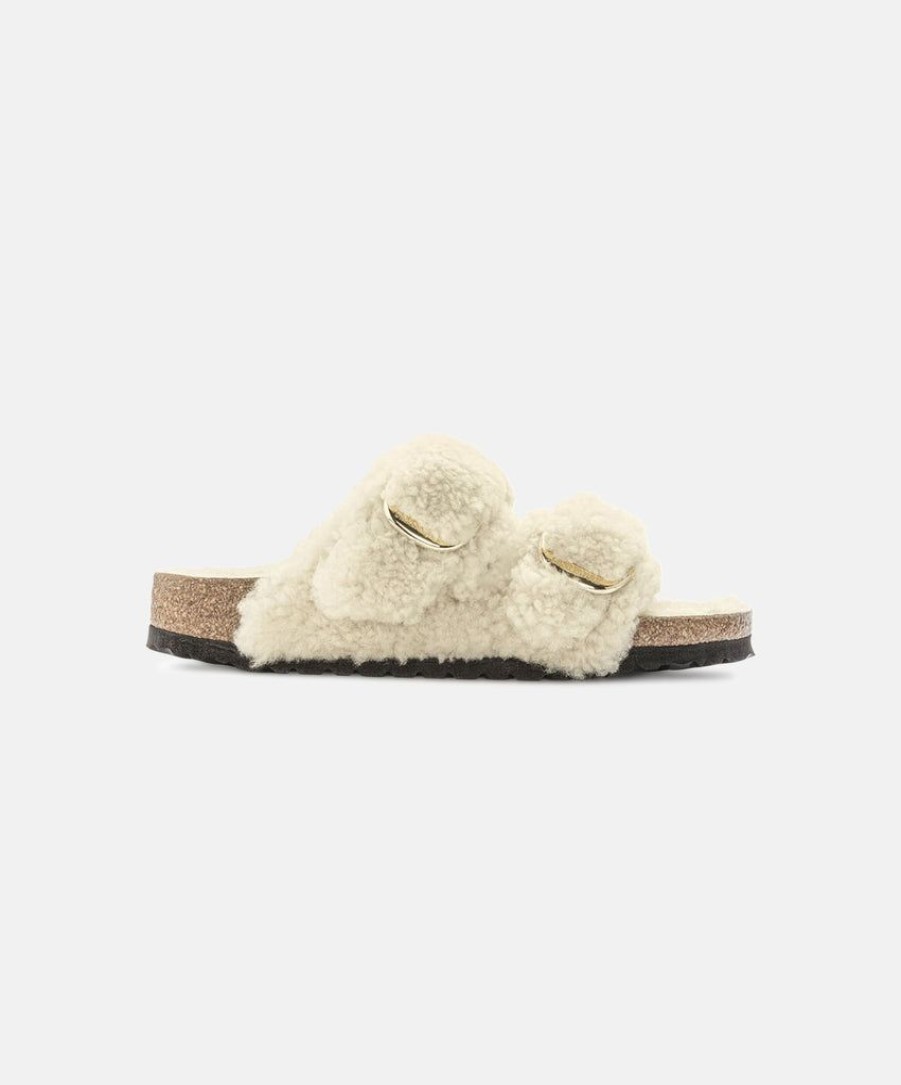 Women Birkenstock Two Strap Sandals | Birkenstock Arizona Big Buckle Teddy Shearling Eggshell Sandals