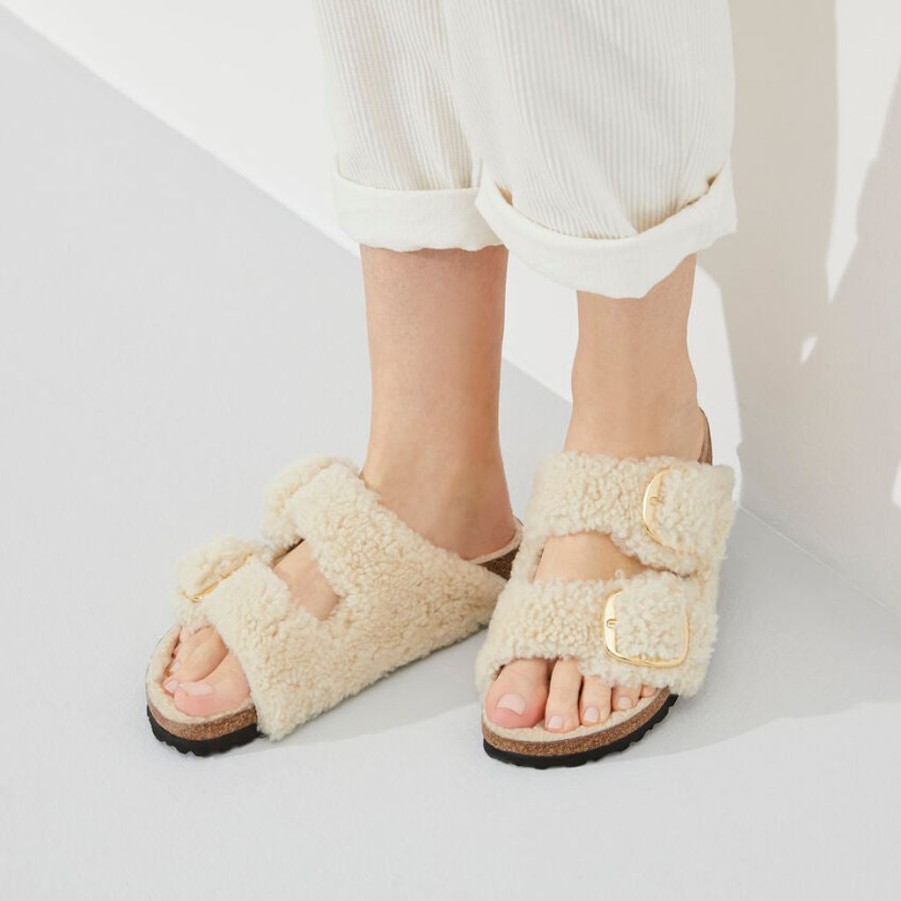 Women Birkenstock Two Strap Sandals | Birkenstock Arizona Big Buckle Teddy Shearling Eggshell Sandals