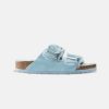 Women Birkenstock Two Strap Sandals | Birkenstock Arizona Suede Leather Shearling Light Blue Sandals