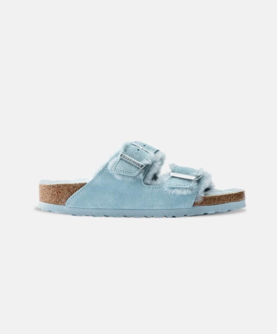 Women Birkenstock Two Strap Sandals | Birkenstock Arizona Suede Leather Shearling Light Blue Sandals