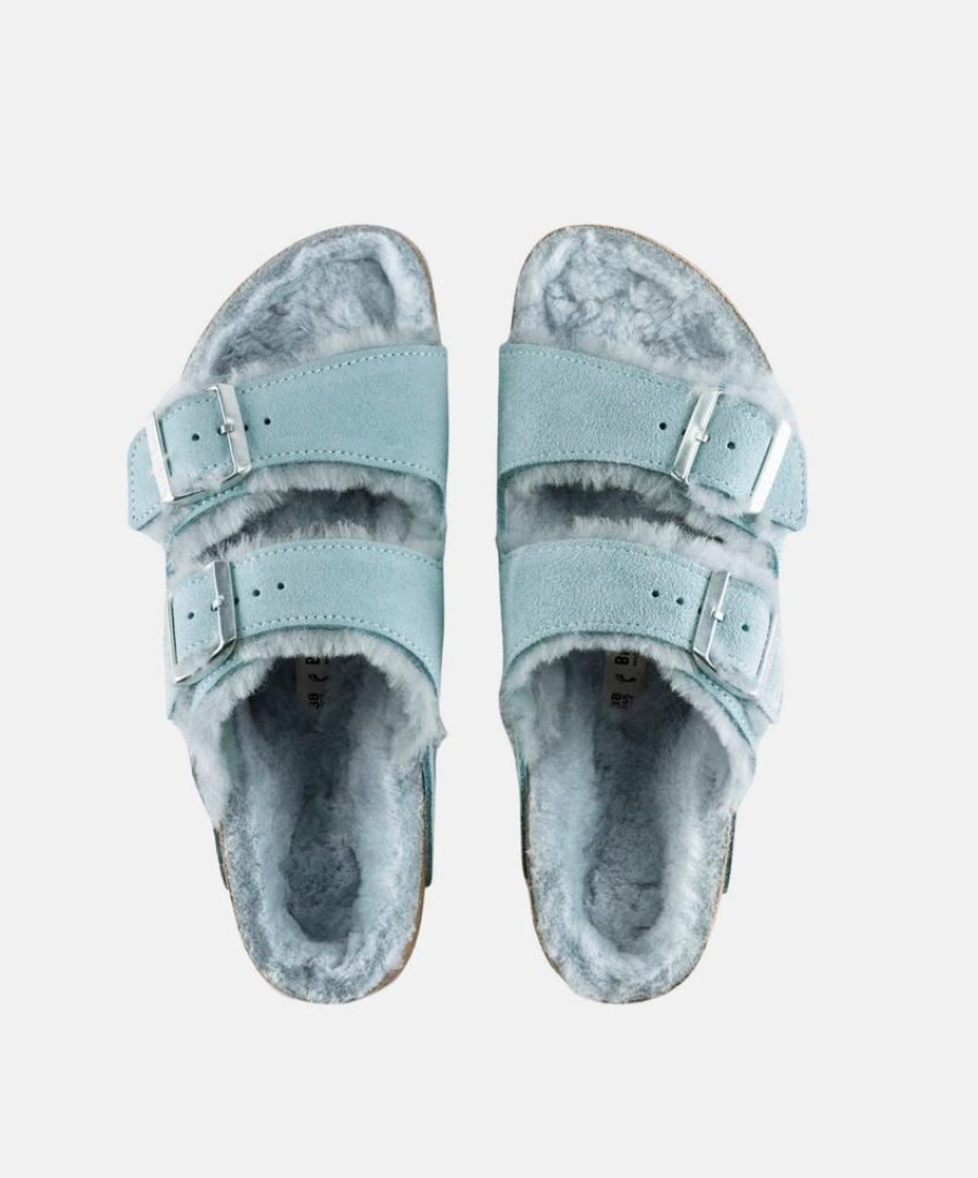 Women Birkenstock Two Strap Sandals | Birkenstock Arizona Suede Leather Shearling Light Blue Sandals