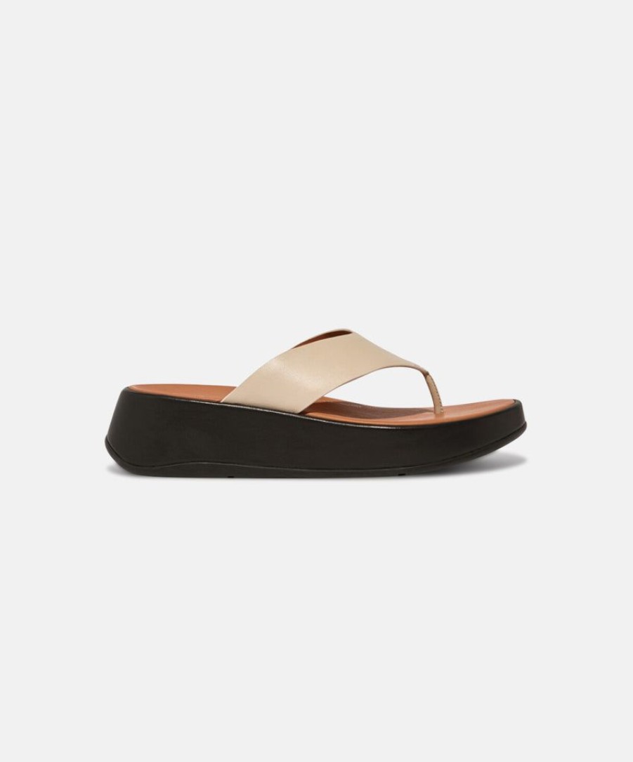 Women FitFlop Toe Post Sandals | Fitflop F-Mode Leather Flatform Toe Post Sandals Stone Beige/Black