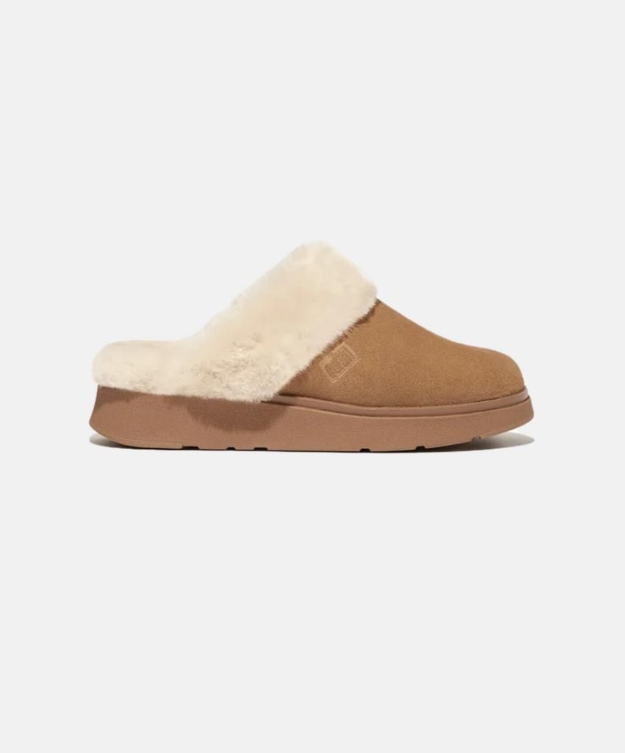 Women Bstore Slippers | Fitflop Gen-Ff Shearling Collar Suede Slippers Tan