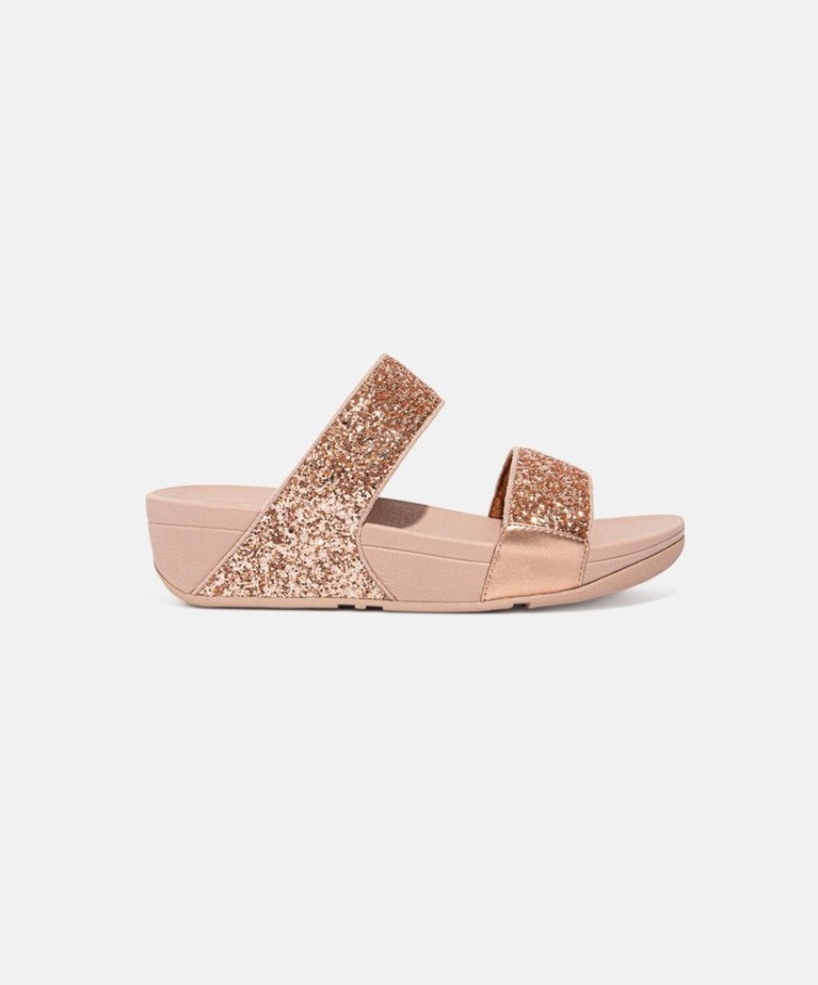 Women FitFlop Two Strap Sandals | Fitflop Lulu Glitter Rose Gold Slides